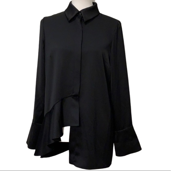 JAYGODFREY Black Asymmetrical Long-sleeve Blouse 8 - Picture 1 of 10